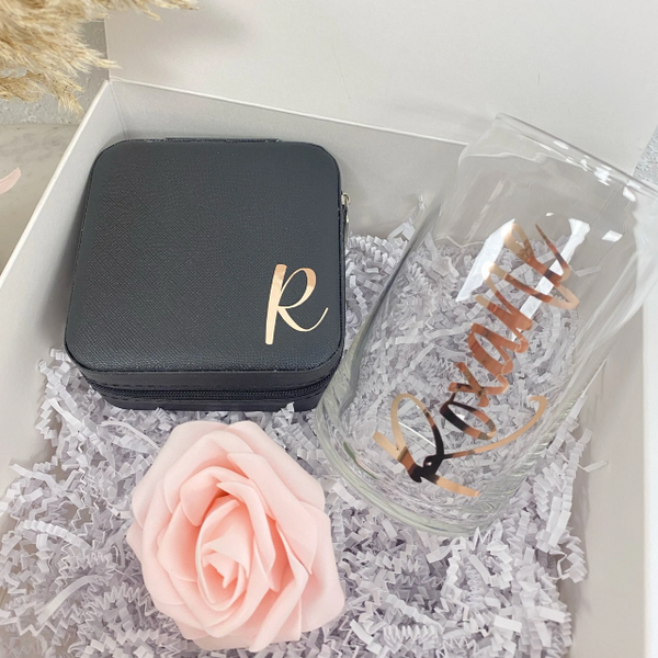 Bridesmaid proposal gift box set- bridesmaid ice coffee beer glass cup- maid of honor proposal- personalized bridesmaid jewelry box initial