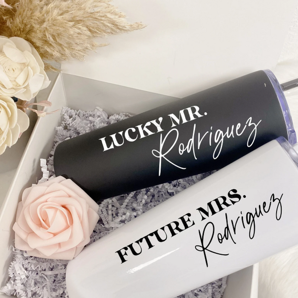 Future mrs lucky mr Couples tumbler gift set- mr and mrs engagement gift box set- his and hers wifey and hubby wedding day bride groom