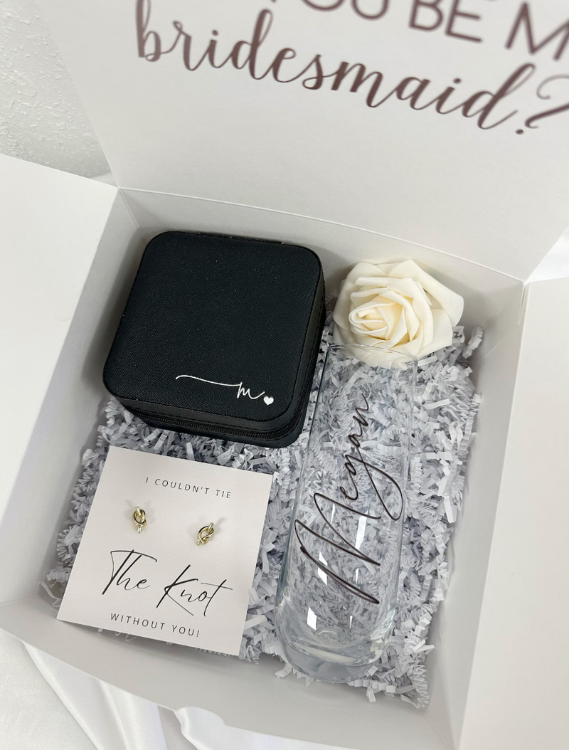 Will you be my bridesmaid proposal box set with flute, earrings and jewelry box