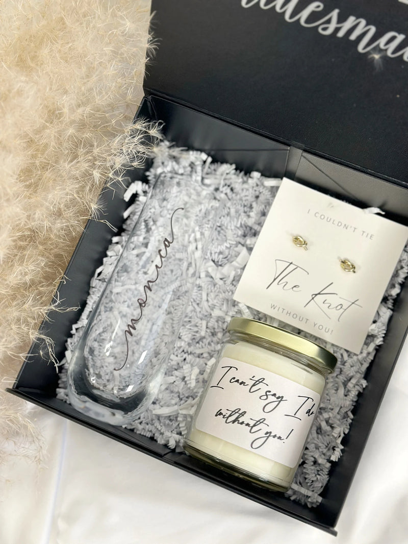 Will you be my bridesmaid proposal box set with flute, earrings and candle