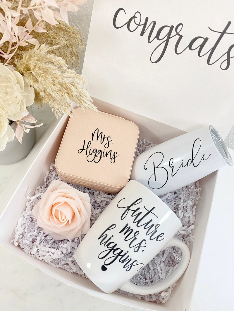 Engaged tumbler personalized bride wedding future mrs gift box set - bride engagement gift box idea- future mrs travel jewelry box wifey