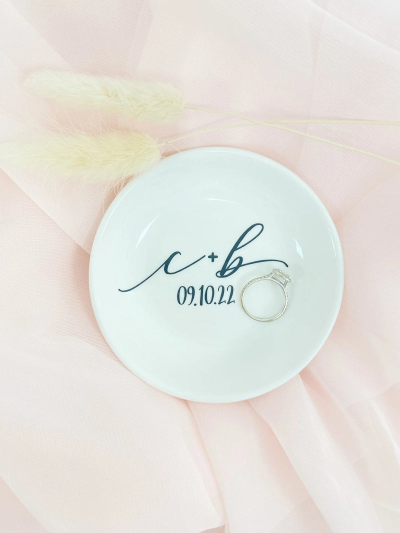 Personalized Mrs ring dish- bride trinket dish tray jewelry holder- miss to Mrs I said yes- engagement gift for bride groom initials dish